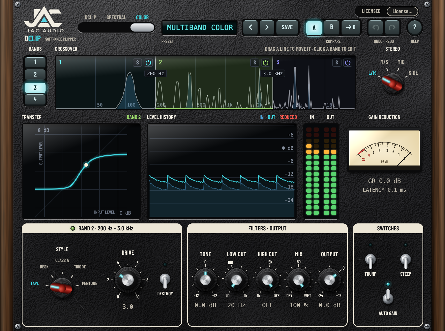 DClip Color mode showing three active frequency bands and per-band saturation controls