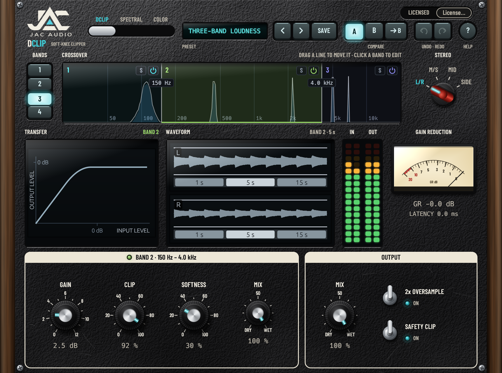 DClip with the JAC Audio logo, visible license controls and three frequency bands